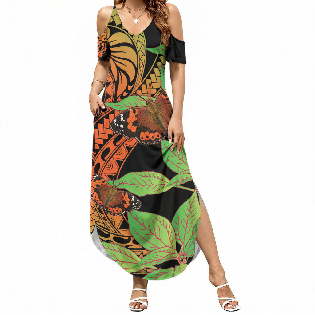 Kamehameha Butterfly Hawaii Summer Maxi Dress Hawaiian Pulelehua Mamaki Orange Green Color LT14 Women Multicolor - Polynesian Pride
