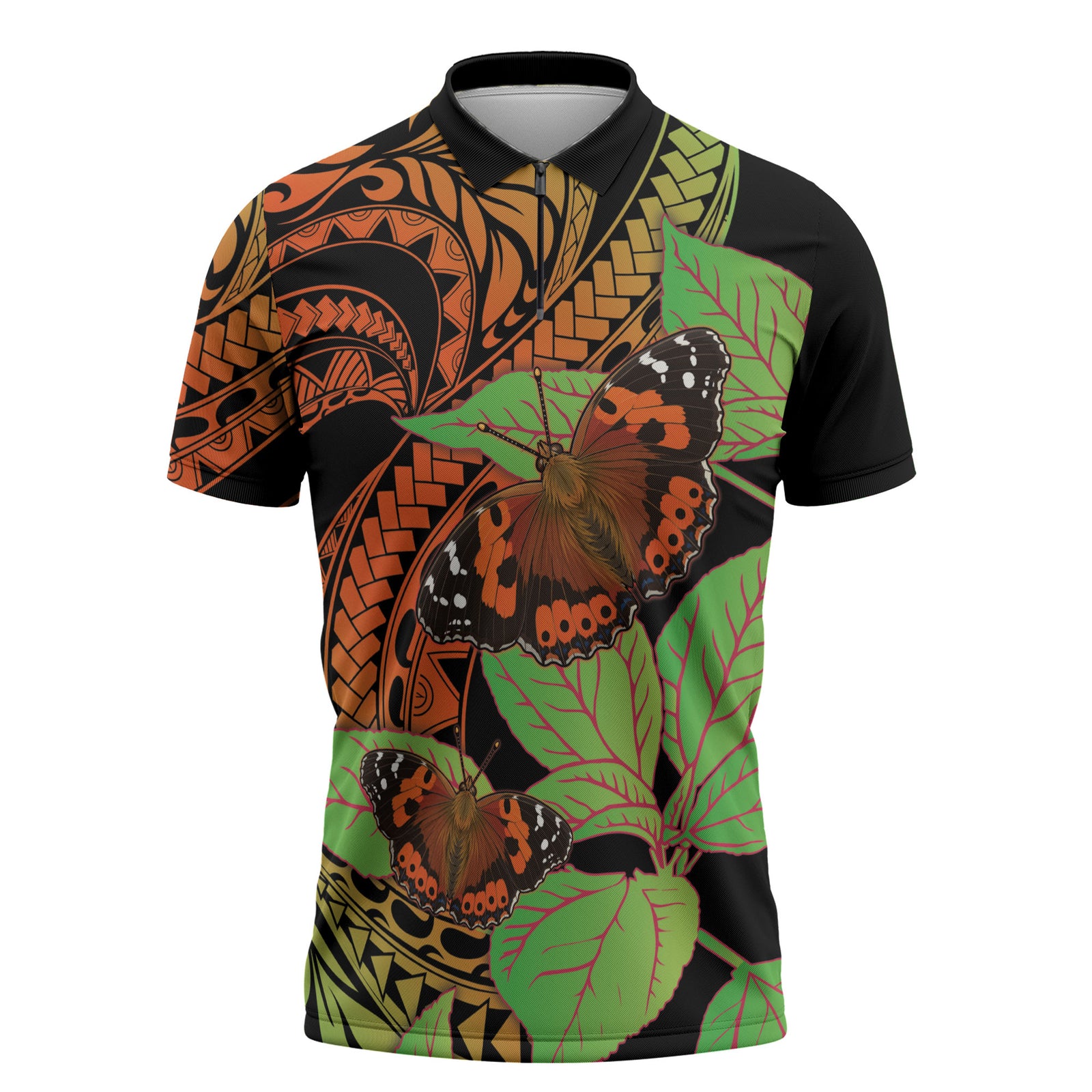 Kamehameha Butterfly Hawaii Zipper Polo Shirt Hawaiian Pulelehua Mamaki Orange Green Color