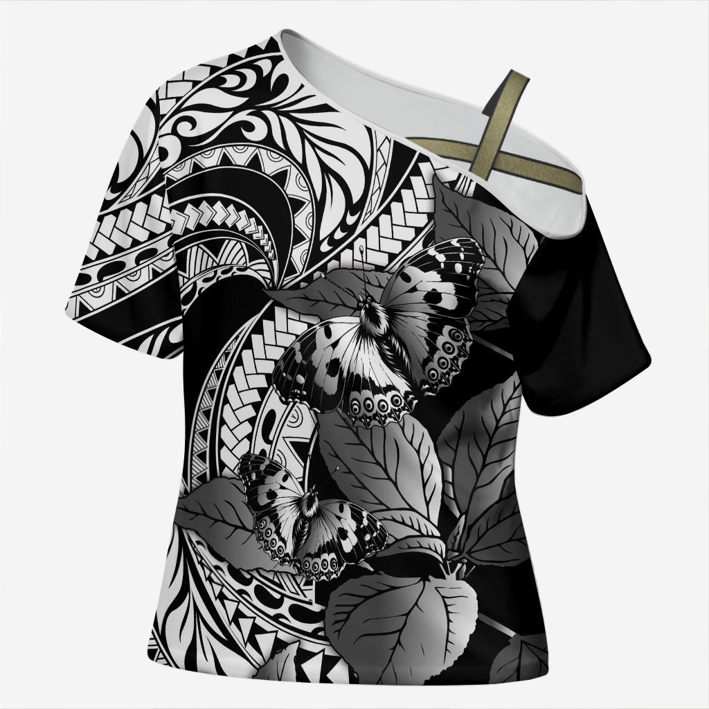 Kamehameha Butterfly Hawaii Cross Shoulder Shirt Hawaiian Pulelehua Mamaki Black Color
