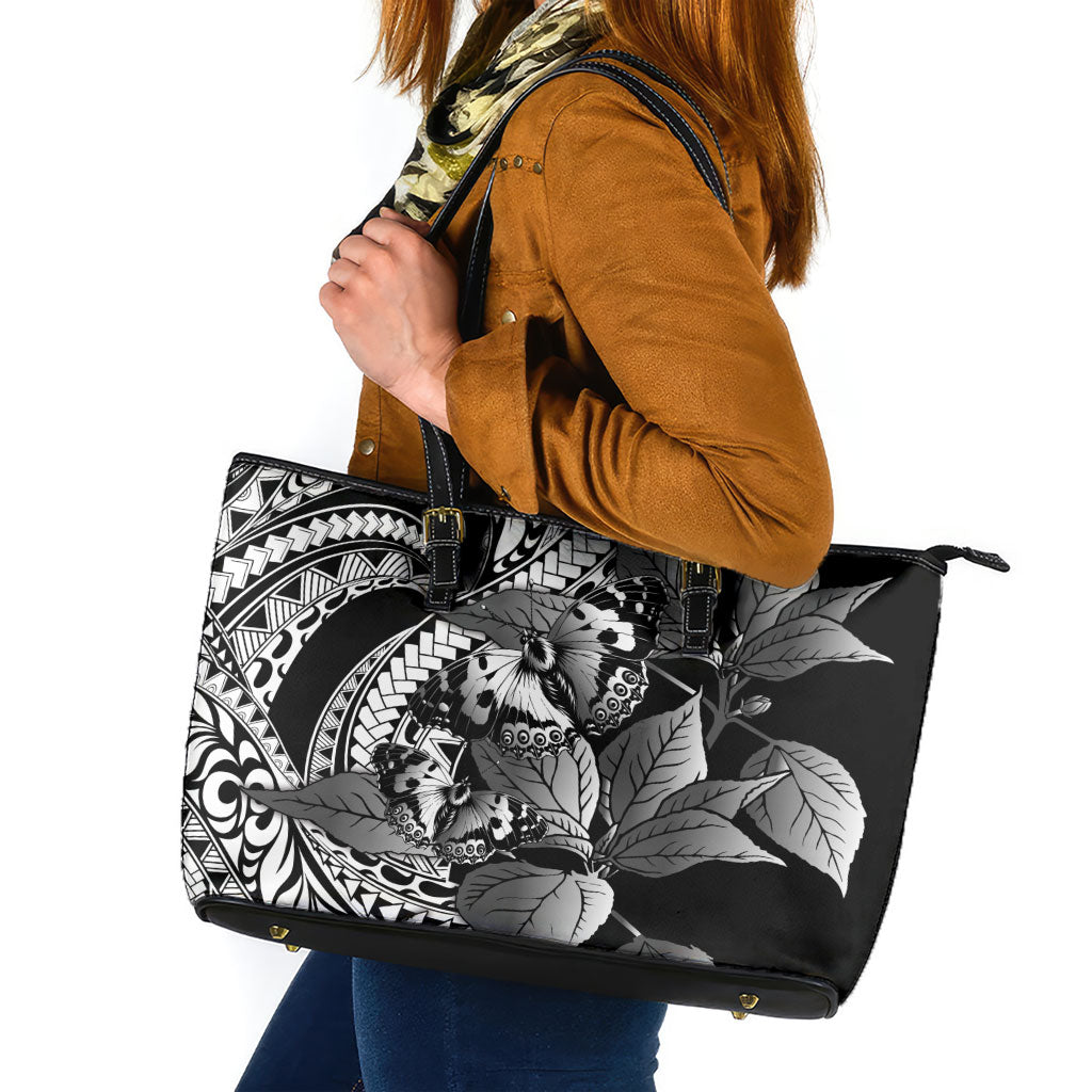 Kamehameha Butterfly Hawaii Leather Tote Bag Hawaiian Pulelehua Mamaki Black Color LT14 Black - Polynesian Pride