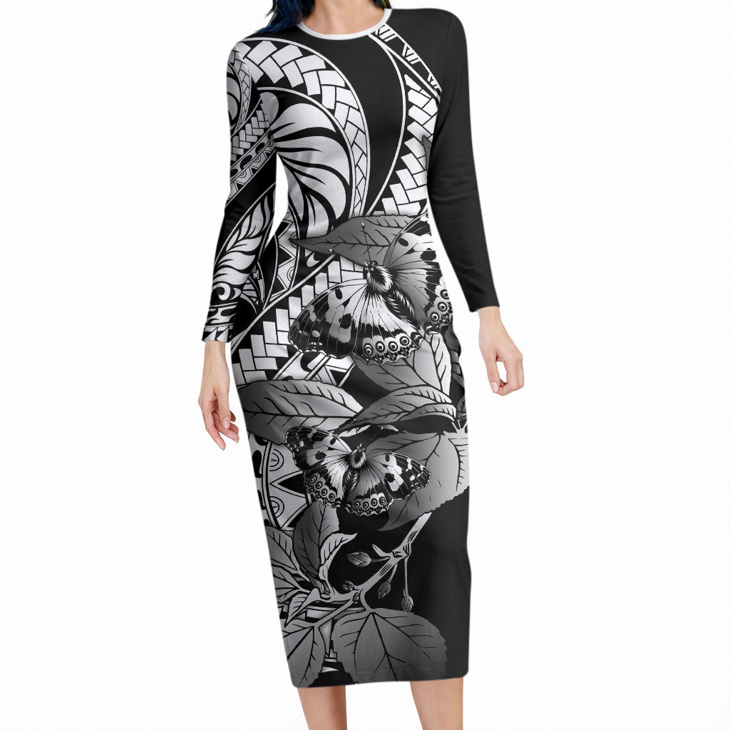 Kamehameha Butterfly Hawaii Long Sleeve Bodycon Dress Hawaiian Pulelehua Mamaki Black Color LT14 Long Dress Black - Polynesian Pride