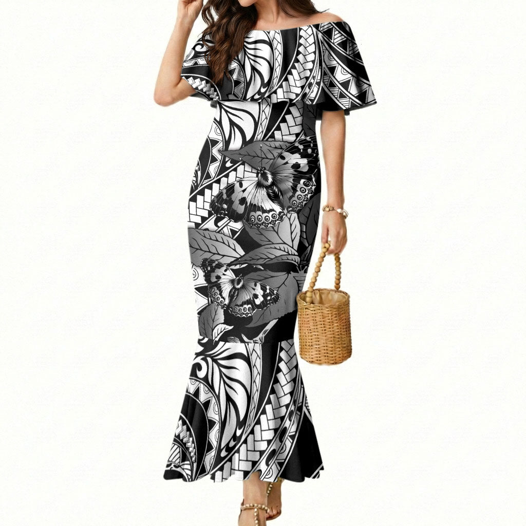 Kamehameha Butterfly Hawaii Mermaid Dress Hawaiian Pulelehua Mamaki Black Color LT14 Women Black - Polynesian Pride