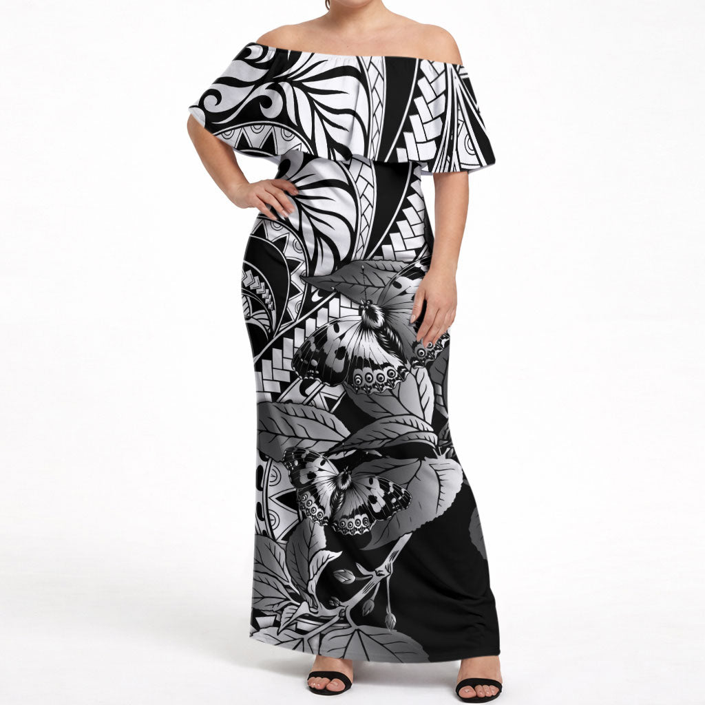 Kamehameha Butterfly Hawaii Off Shoulder Maxi Dress Hawaiian Pulelehua Mamaki Black Color LT14 Women Black - Polynesian Pride