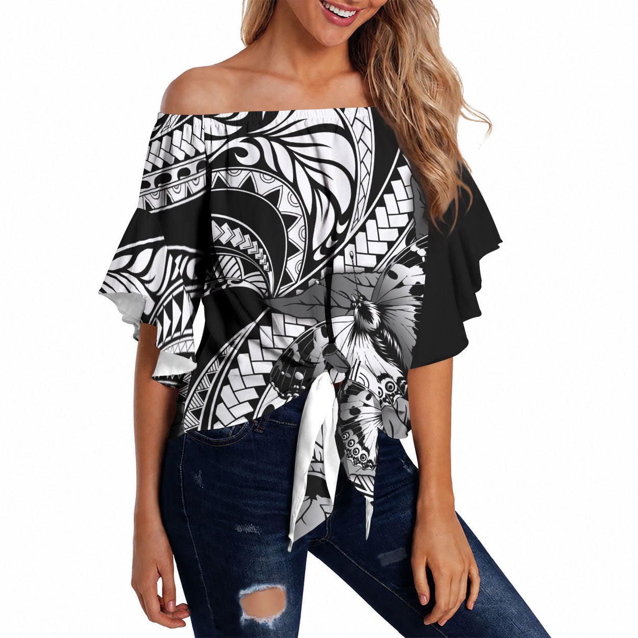 Kamehameha Butterfly Hawaii Off Shoulder Wrap Waist Top Hawaiian Pulelehua Mamaki Black Color LT14 Black - Polynesian Pride