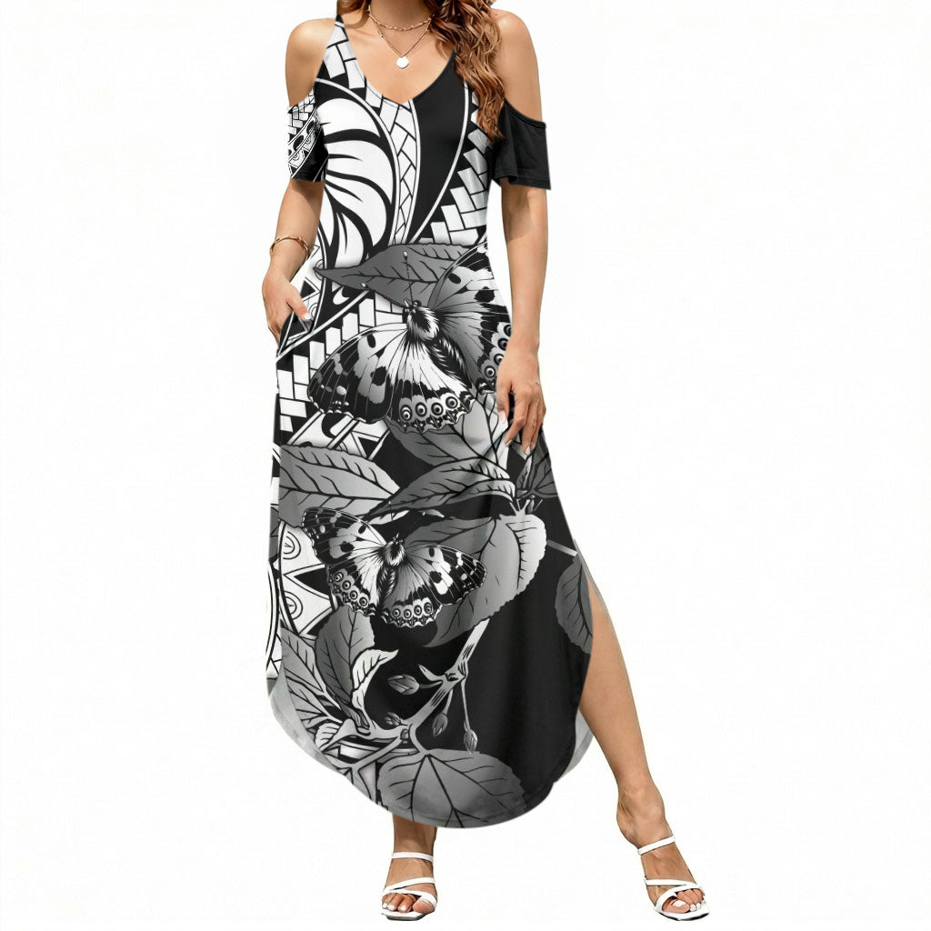 Kamehameha Butterfly Hawaii Summer Maxi Dress Hawaiian Pulelehua Mamaki Black Color LT14 Women Black - Polynesian Pride