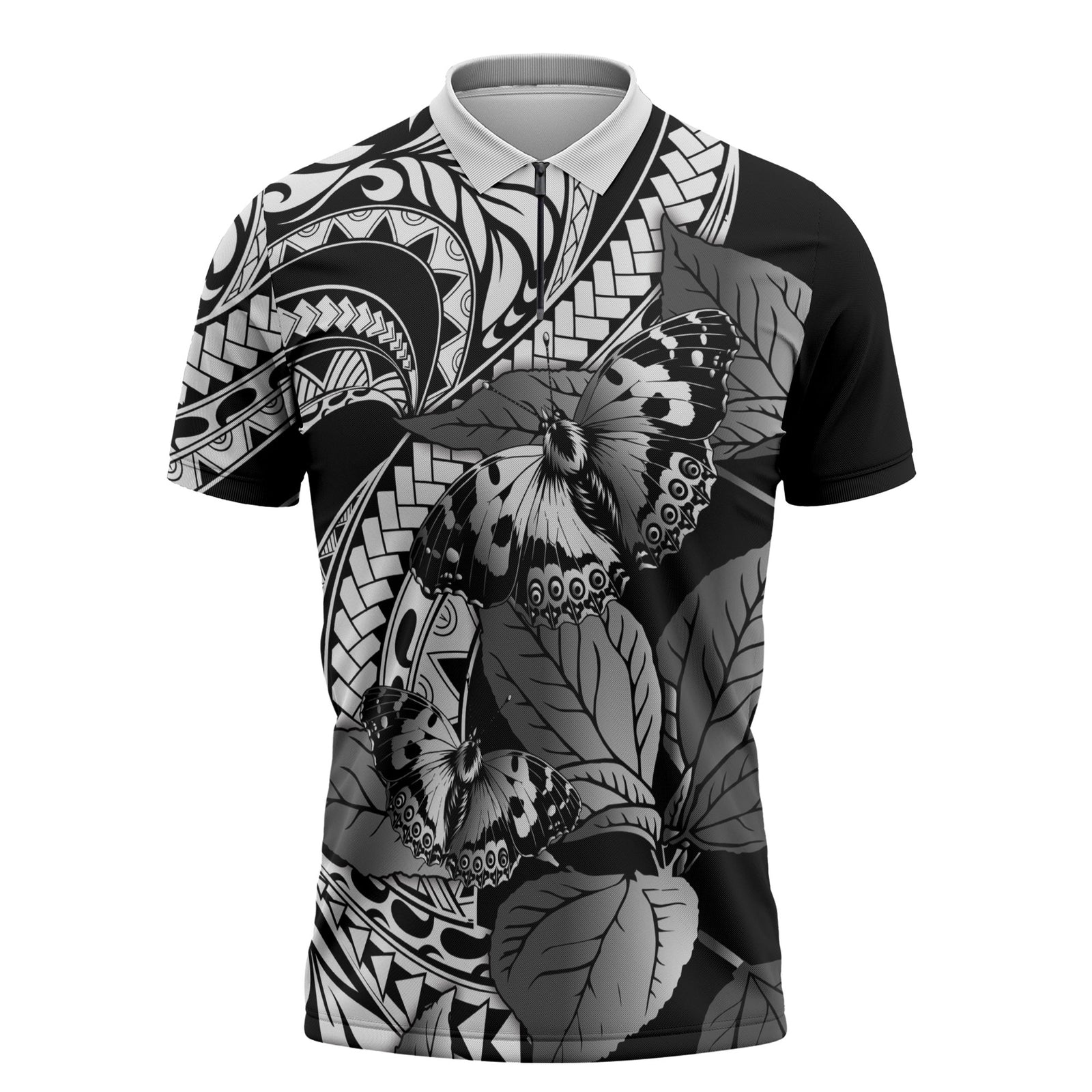 Kamehameha Butterfly Hawaii Zipper Polo Shirt Hawaiian Pulelehua Mamaki Black Color
