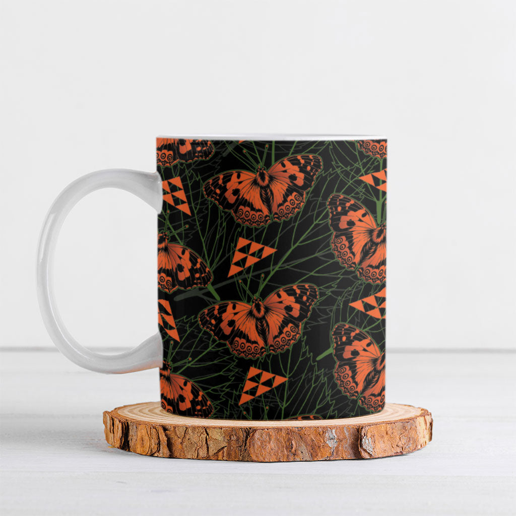 Kamehameha Butterfly Mamaki Hawaii Ceramic Mug Pulelehua Hawaiian Kakau Seamless Style LT14 Black - Polynesian Pride