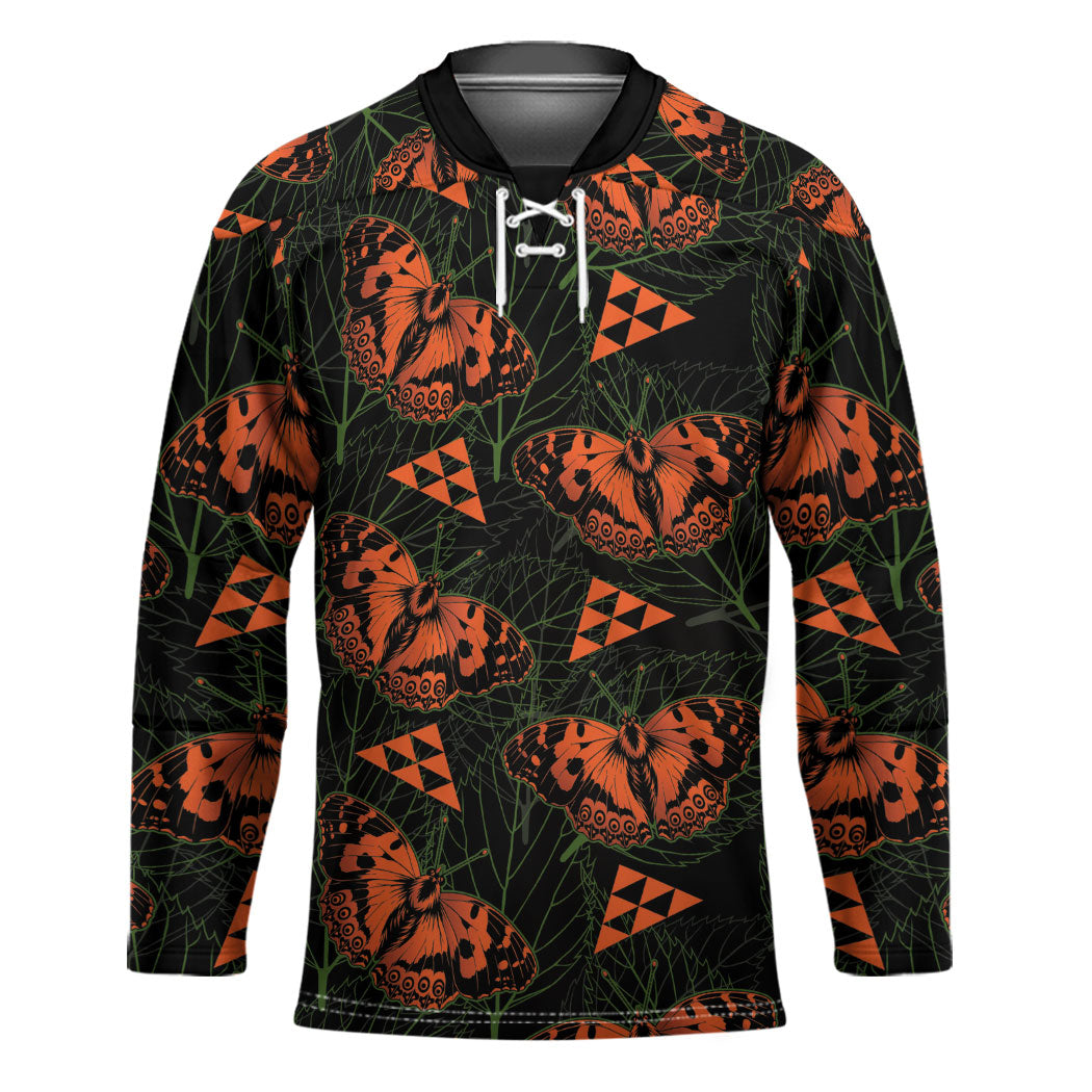 Kamehameha Butterfly Mamaki Hawaii Hockey Jersey Pulelehua Hawaiian Kakau Seamless Style LT14 Unisex Black - Polynesian Pride