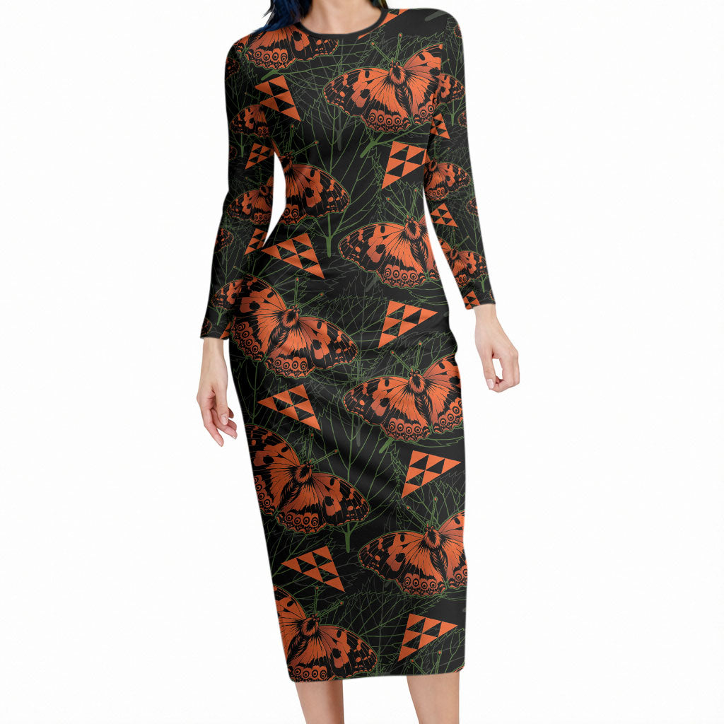 Kamehameha Butterfly Mamaki Hawaii Long Sleeve Bodycon Dress Pulelehua Hawaiian Kakau Seamless Style LT14 Long Dress Black - Polynesian Pride