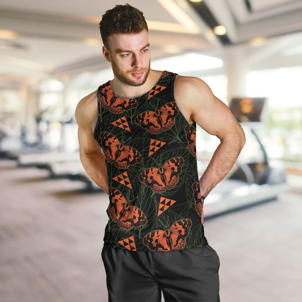 Kamehameha Butterfly Mamaki Hawaii Men Tank Top Pulelehua Hawaiian Kakau Seamless Style LT14 Black - Polynesian Pride