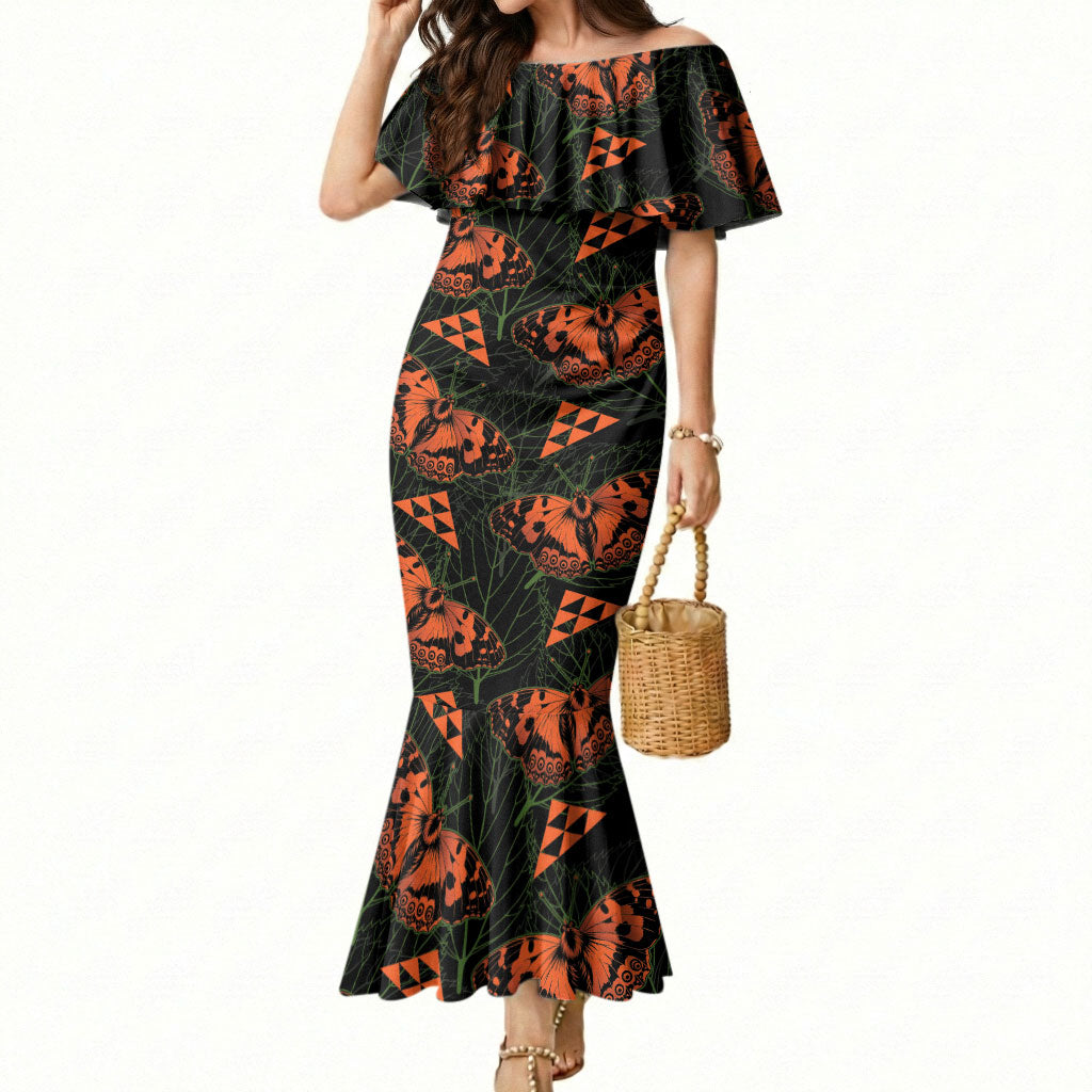 Kamehameha Butterfly Mamaki Hawaii Mermaid Dress Pulelehua Hawaiian Kakau Seamless Style LT14 Women Black - Polynesian Pride