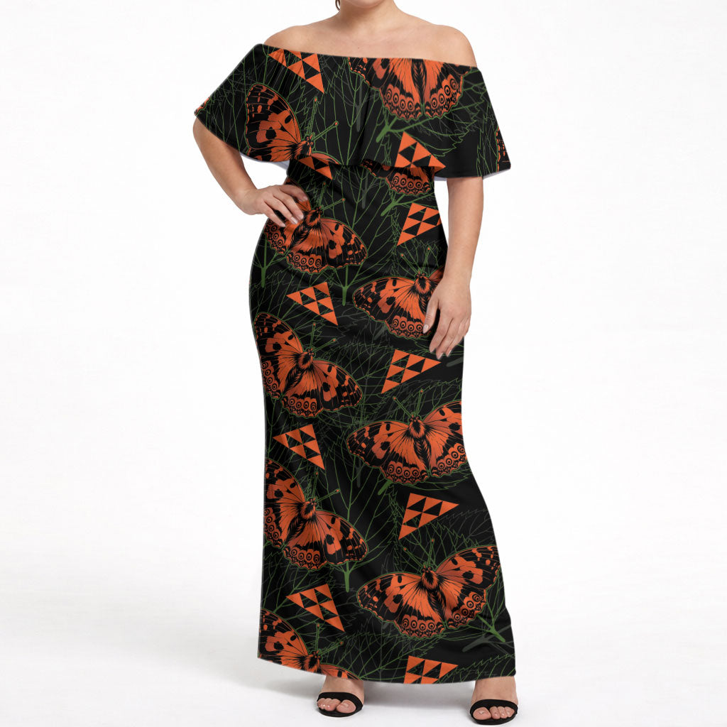 Kamehameha Butterfly Mamaki Hawaii Off Shoulder Maxi Dress Pulelehua Hawaiian Kakau Seamless Style LT14 Women Black - Polynesian Pride