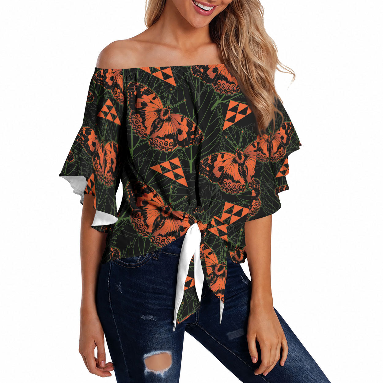 Kamehameha Butterfly Mamaki Hawaii Off Shoulder Wrap Waist Top Pulelehua Hawaiian Kakau Seamless Style LT14 Black - Polynesian Pride