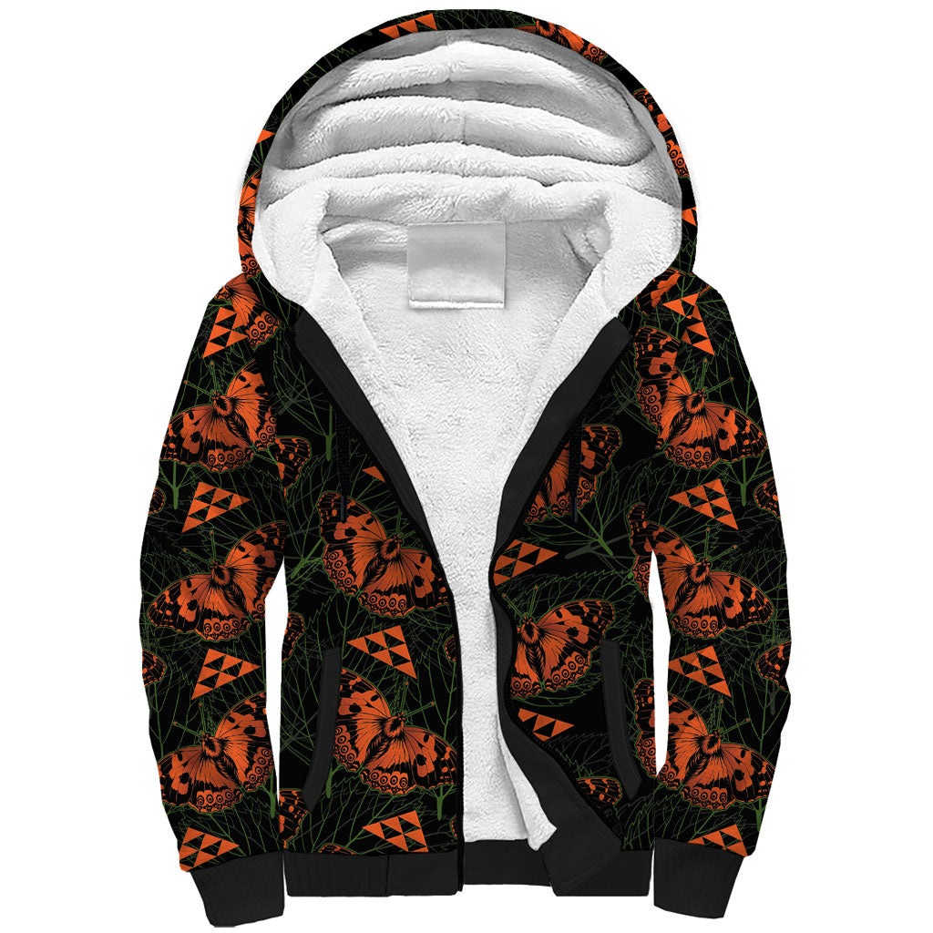 Kamehameha Butterfly Mamaki Hawaii Sherpa Hoodie Pulelehua Hawaiian Kakau Seamless Style LT14 Unisex Black - Polynesian Pride