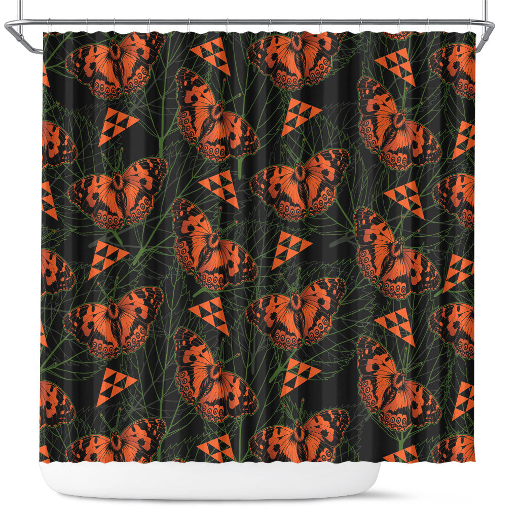 Kamehameha Butterfly Mamaki Hawaii Shower Curtain Pulelehua Hawaiian Kakau Seamless Style LT14 Black - Polynesian Pride