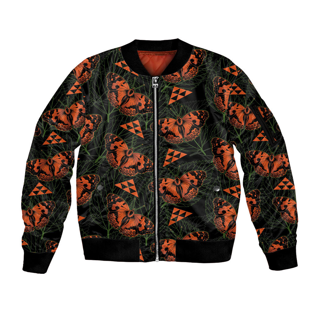 Kamehameha Butterfly Mamaki Hawaii Sleeve Zip Bomber Jacket Pulelehua Hawaiian Kakau Seamless Style LT14 Unisex Black - Polynesian Pride