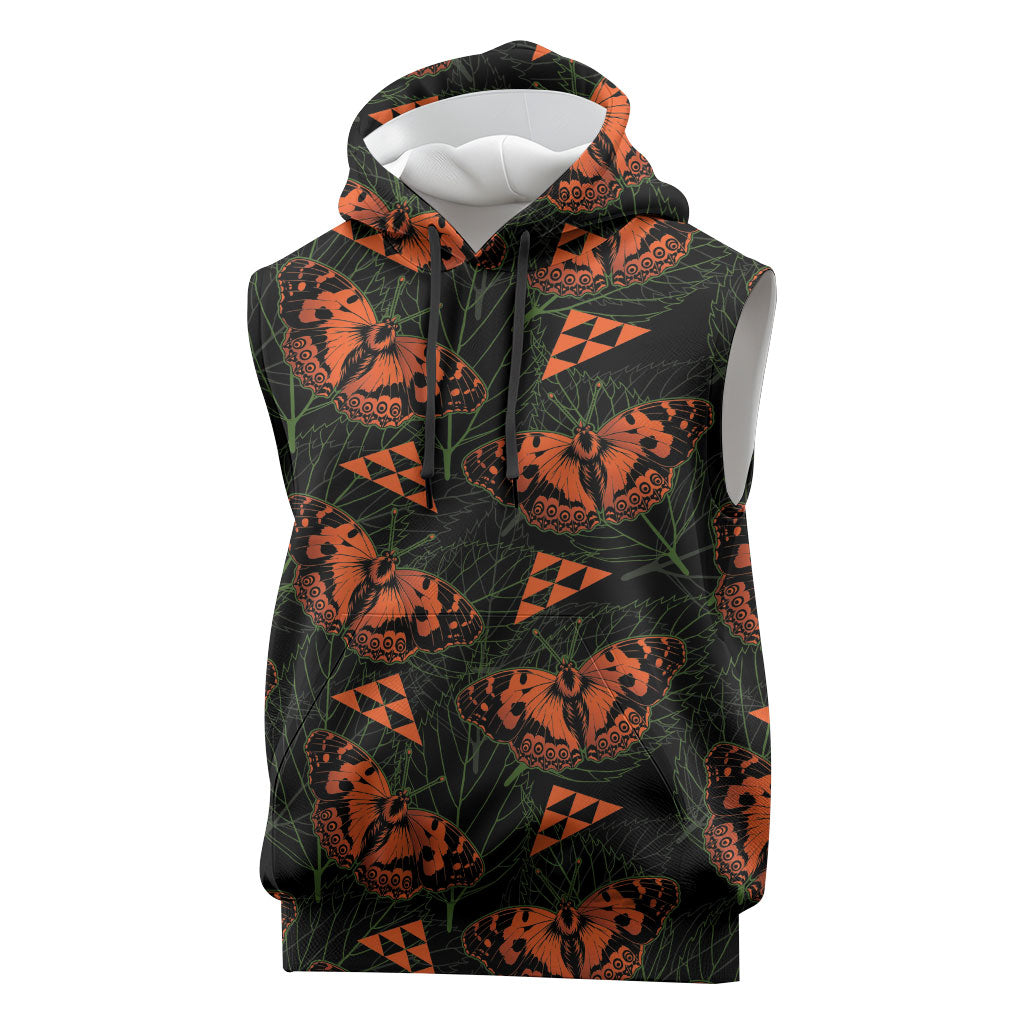 Kamehameha Butterfly Mamaki Hawaii Sleeveless Hoodie Pulelehua Hawaiian Kakau Seamless Style LT14 Black - Polynesian Pride