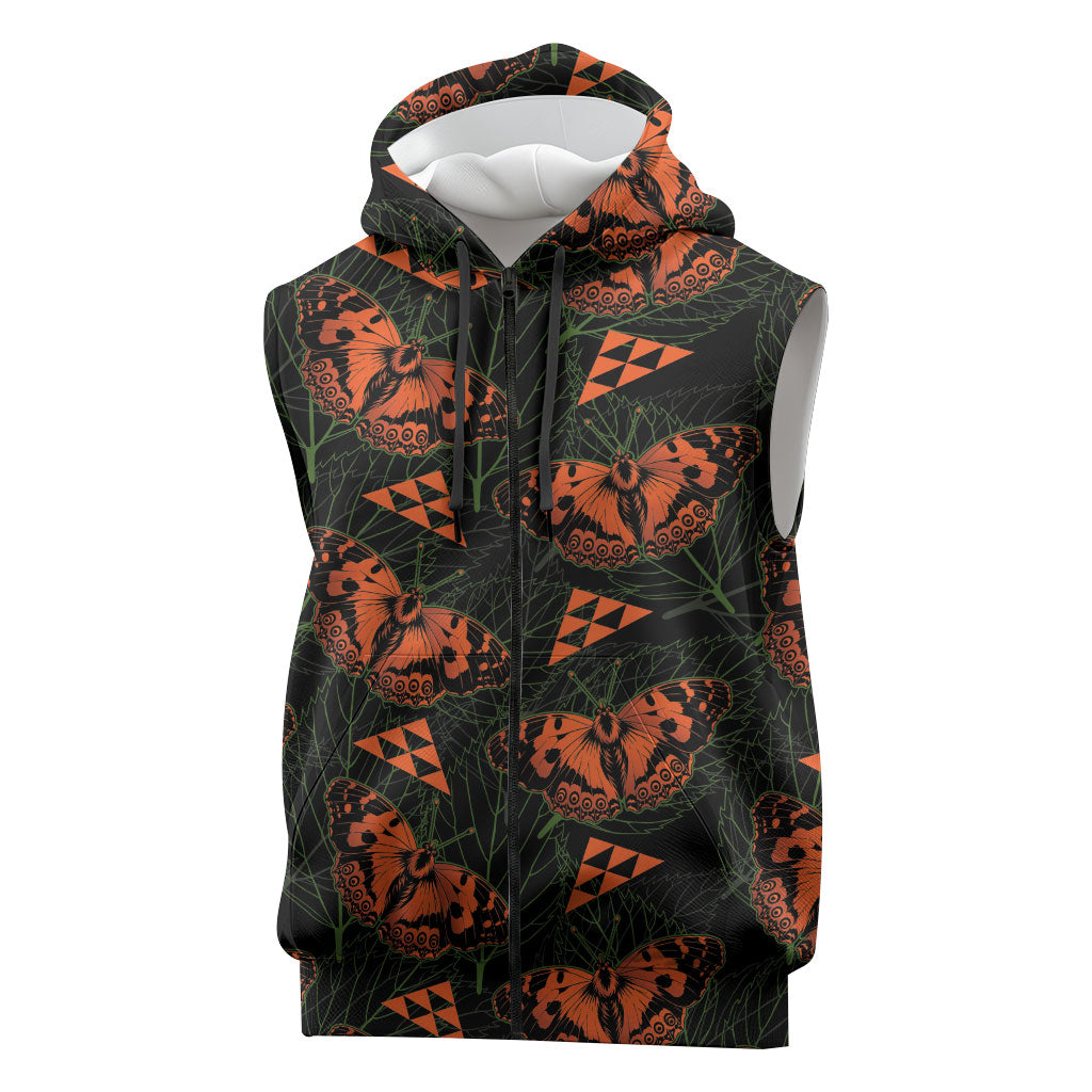 Kamehameha Butterfly Mamaki Hawaii Sleeveless Zip Hoodie Pulelehua Hawaiian Kakau Seamless Style LT14 Black - Polynesian Pride