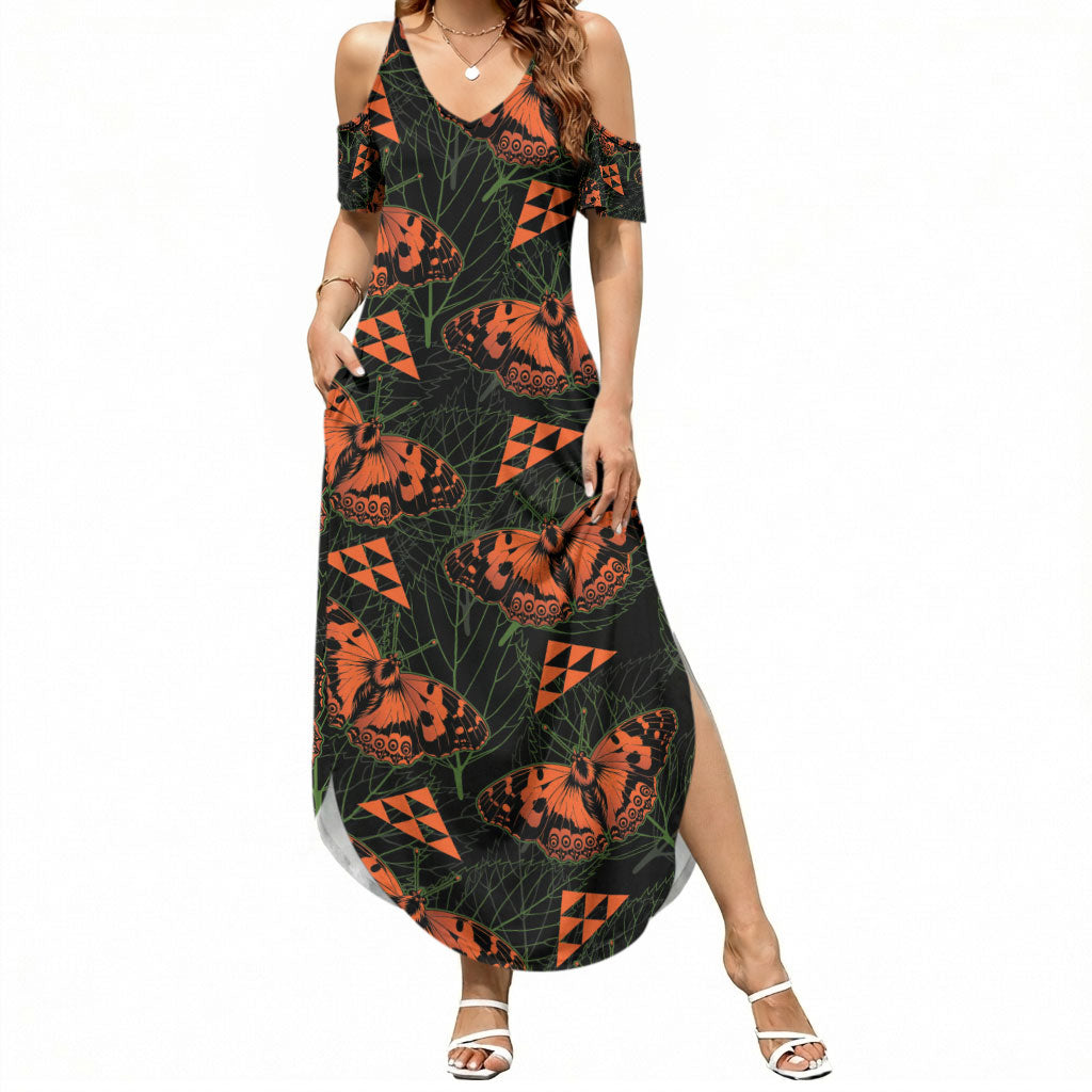 Kamehameha Butterfly Mamaki Hawaii Summer Maxi Dress Pulelehua Hawaiian Kakau Seamless Style LT14 Women Black - Polynesian Pride