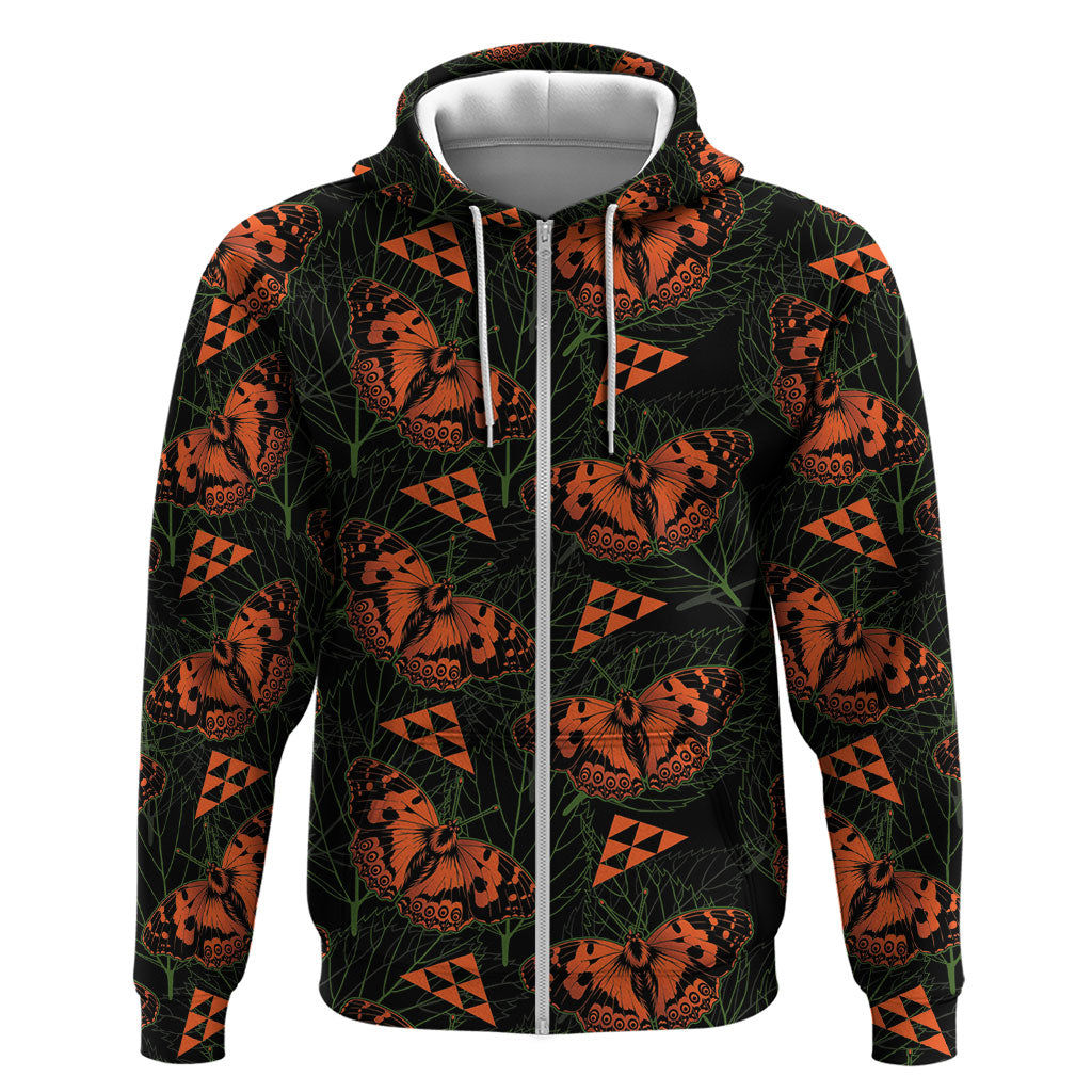 Kamehameha Butterfly Mamaki Hawaii Zip Hoodie Pulelehua Hawaiian Kakau Seamless Style LT14 Zip Hoodie Black - Polynesian Pride