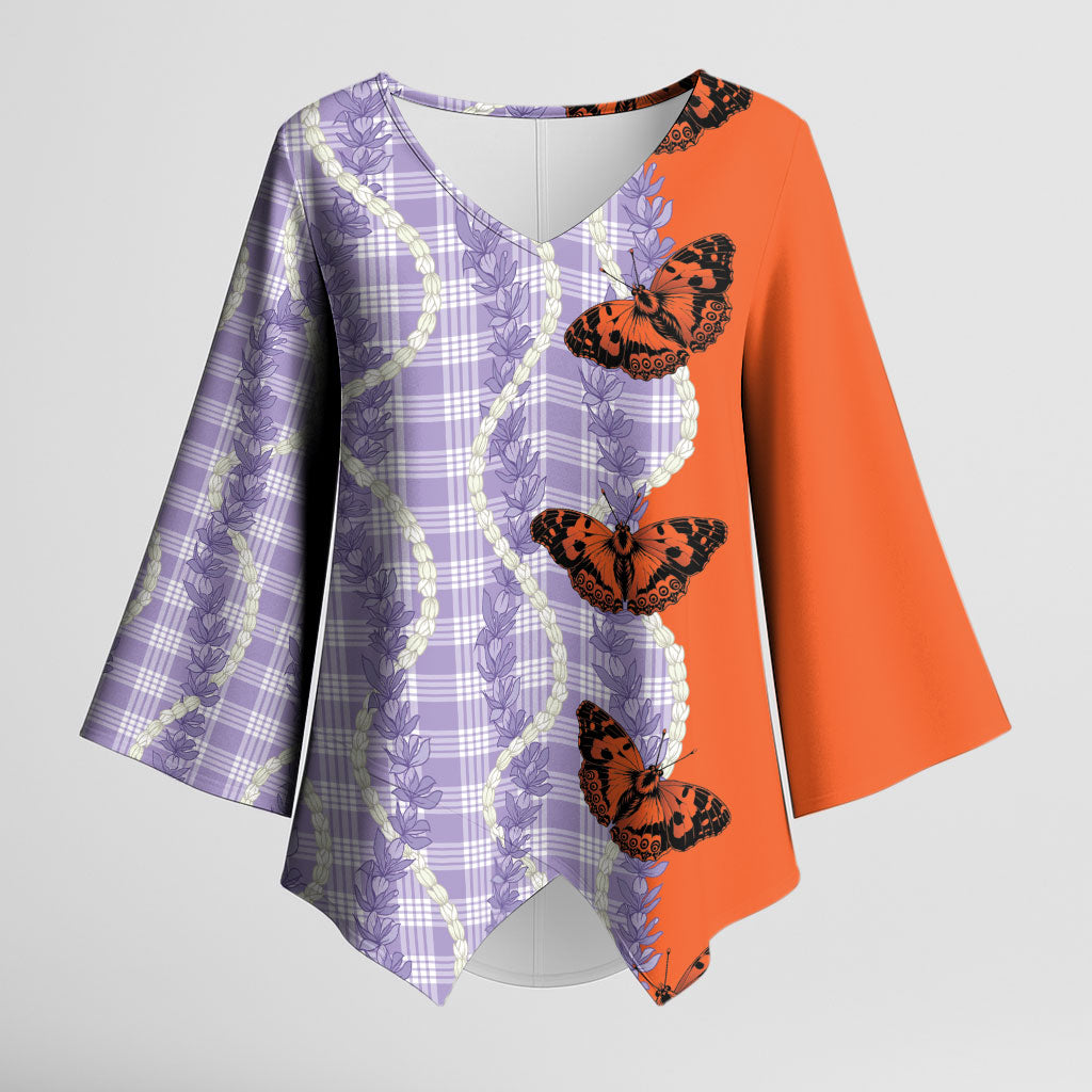 Kamehameha Butterfly Palaka Hawaii Kimono Sleeve Blouse Pulelehua Honohono Pikake Lei