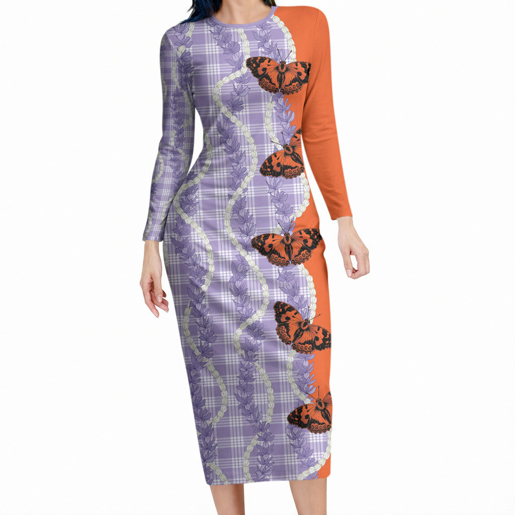 Kamehameha Butterfly Palaka Hawaii Long Sleeve Bodycon Dress Pulelehua Honohono Pikake Lei