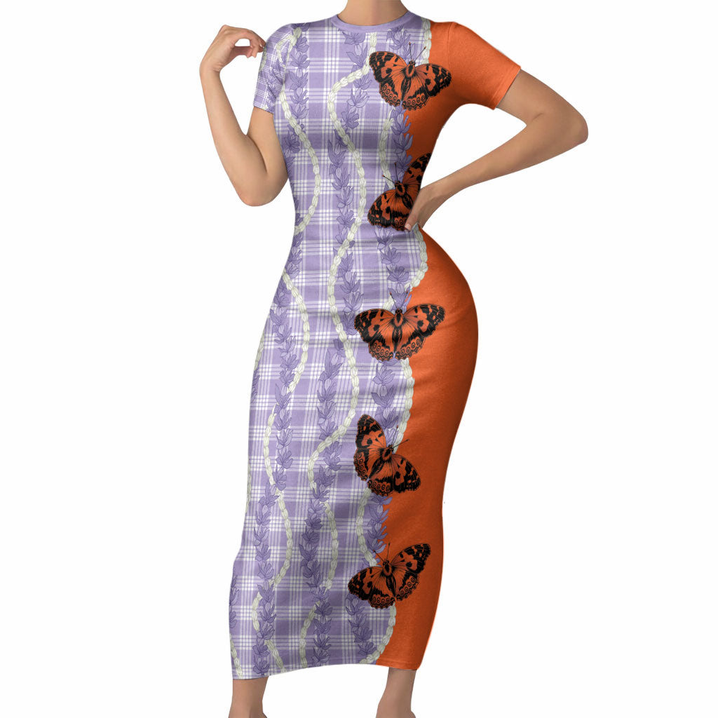 Kamehameha Butterfly Palaka Hawaii Short Sleeve Bodycon Dress Pulelehua Honohono Pikake Lei