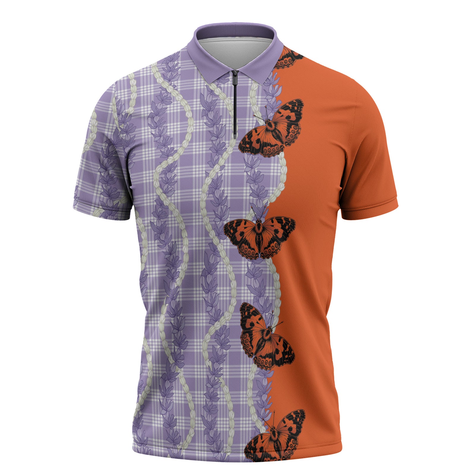 Kamehameha Butterfly Palaka Hawaii Zipper Polo Shirt Pulelehua Honohono Pikake Lei