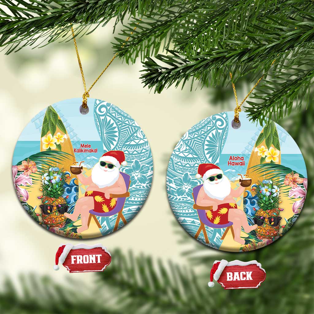 Aloha Hawaii Mele Kalikimaka Ceramic Ornament Chilling Santa With Pineapple - Polynesian Pattern LT14 Circle Cyan - Polynesian Pride