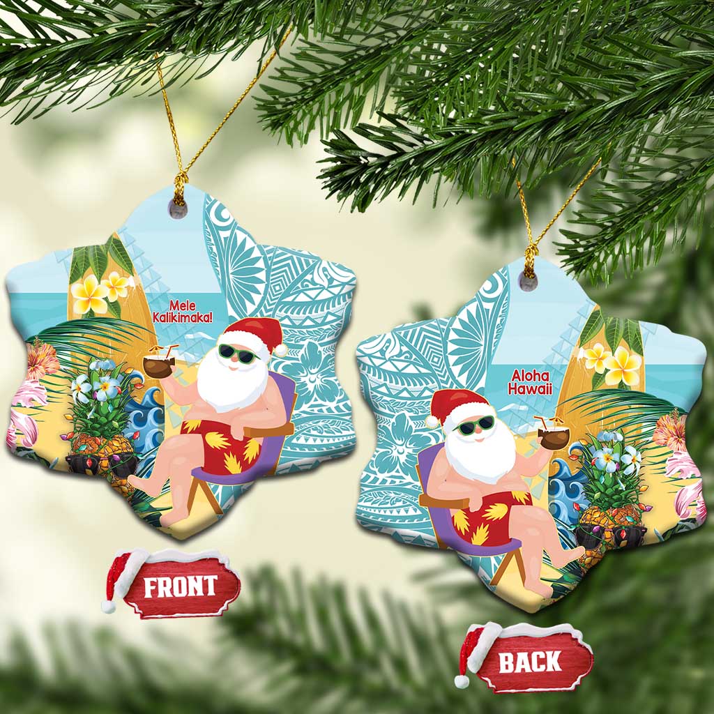 Aloha Hawaii Mele Kalikimaka Ceramic Ornament Chilling Santa With Pineapple - Polynesian Pattern LT14 Snow Flake Cyan - Polynesian Pride