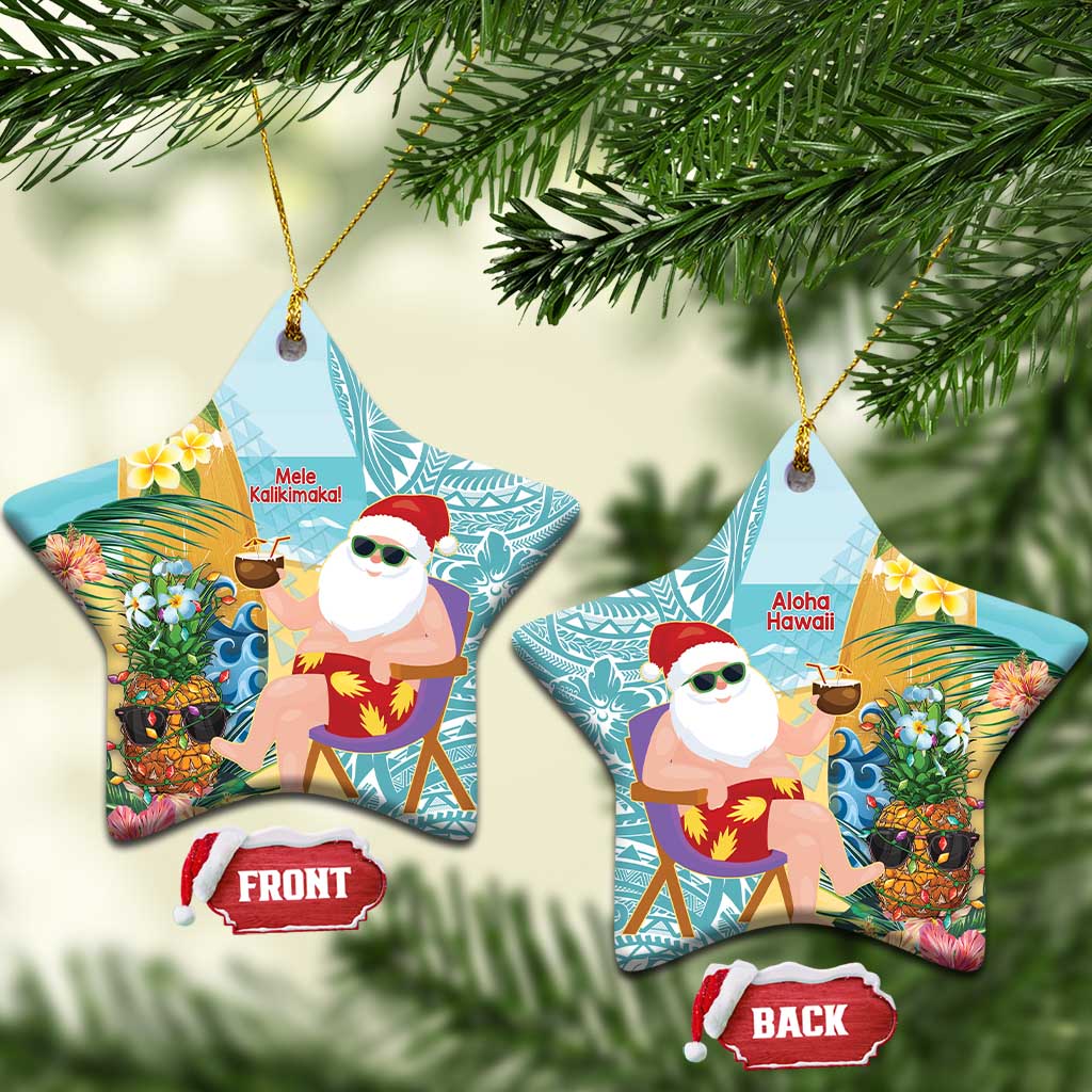 Aloha Hawaii Mele Kalikimaka Ceramic Ornament Chilling Santa With Pineapple - Polynesian Pattern LT14 Star Cyan - Polynesian Pride