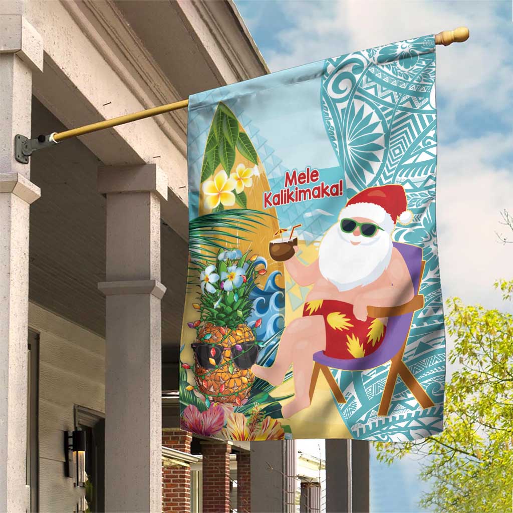 Aloha Hawaii Mele Kalikimaka Garden Flag Chilling Santa With Pineapple - Polynesian Pattern LT14 House Flag Cyan - Polynesian Pride