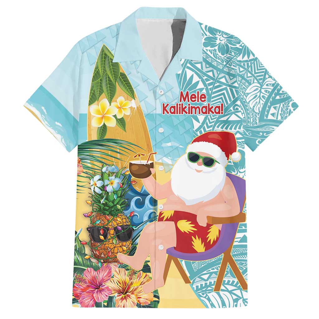 Aloha Hawaii Mele Kalikimaka Hawaiian Shirt Chilling Santa With Pineapple - Polynesian Pattern LT14 Cyan - Polynesian Pride