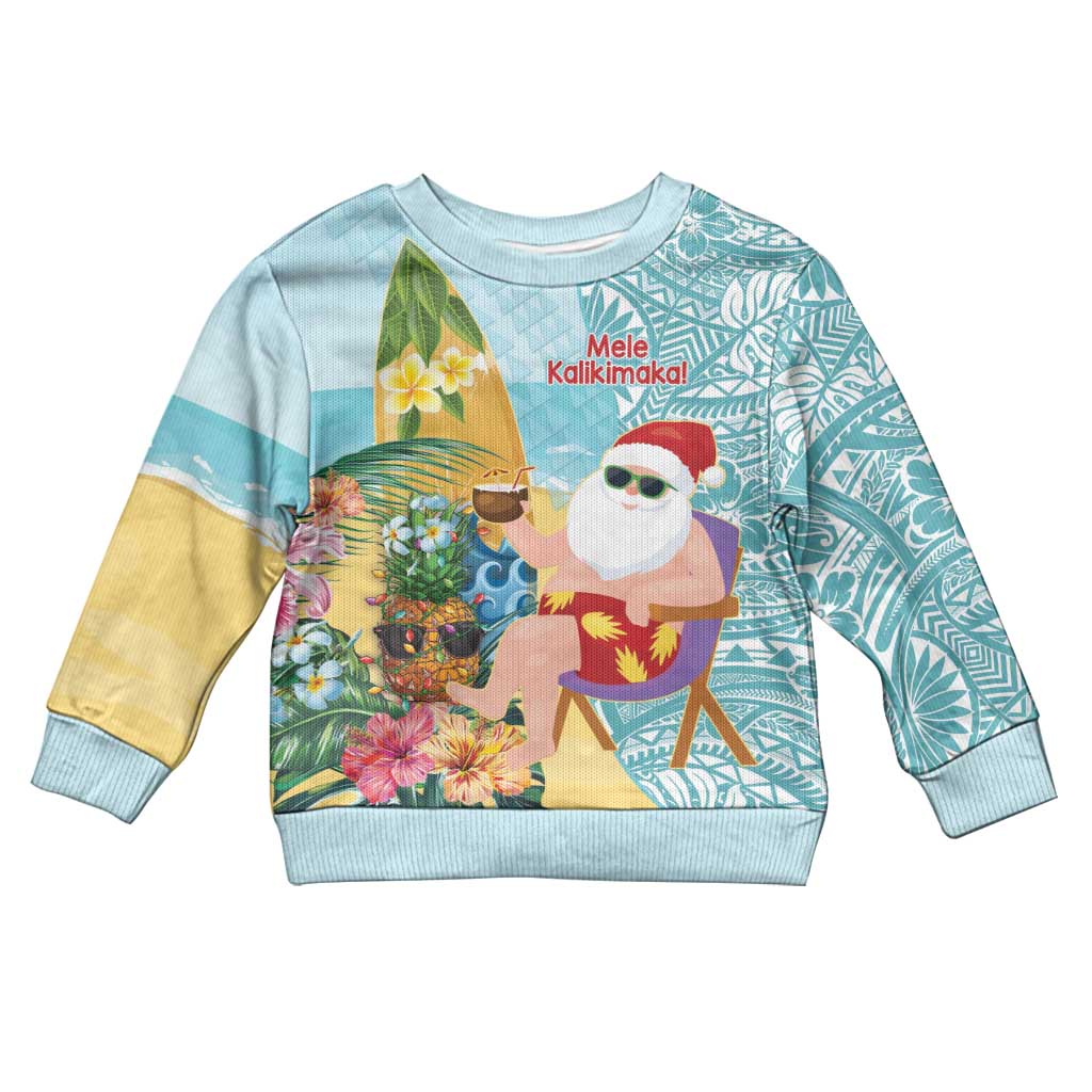 Aloha Hawaii Mele Kalikimaka Kid Ugly Christmas Sweater Chilling Santa With Pineapple - Polynesian Pattern LT14 Kid Cyan - Polynesian Pride