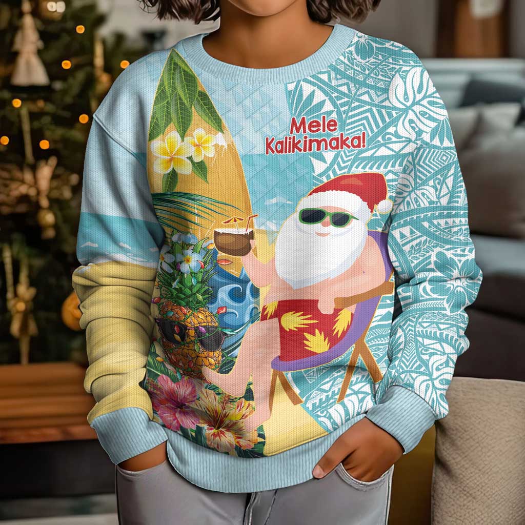 Aloha Hawaii Mele Kalikimaka Kid Ugly Christmas Sweater Chilling Santa With Pineapple - Polynesian Pattern LT14 - Polynesian Pride