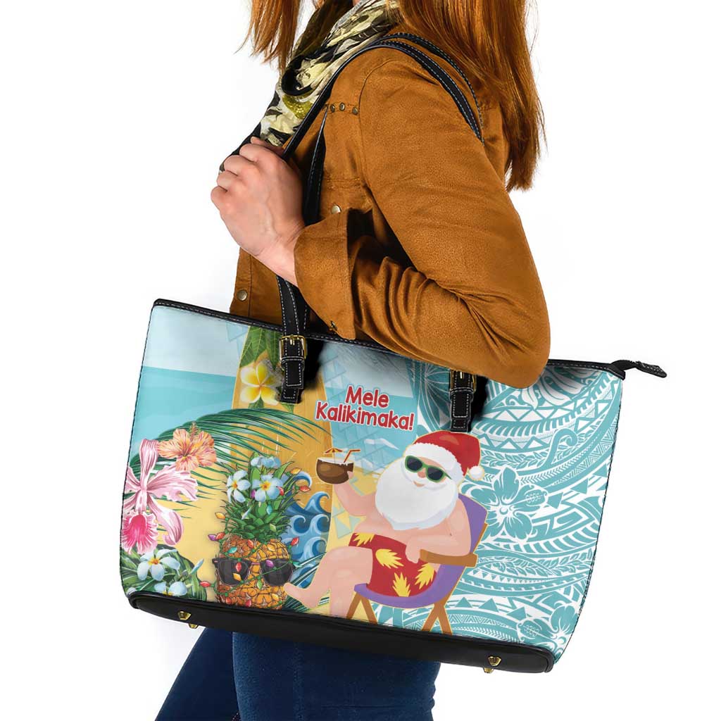 Aloha Hawaii Mele Kalikimaka Leather Tote Bag Chilling Santa With Pineapple - Polynesian Pattern LT14 Cyan - Polynesian Pride