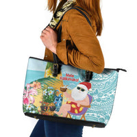 Aloha Hawaii Mele Kalikimaka Leather Tote Bag Chilling Santa With Pineapple - Polynesian Pattern LT14 Cyan - Polynesian Pride