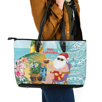 Aloha Hawaii Mele Kalikimaka Leather Tote Bag Chilling Santa With Pineapple - Polynesian Pattern LT14 - Polynesian Pride