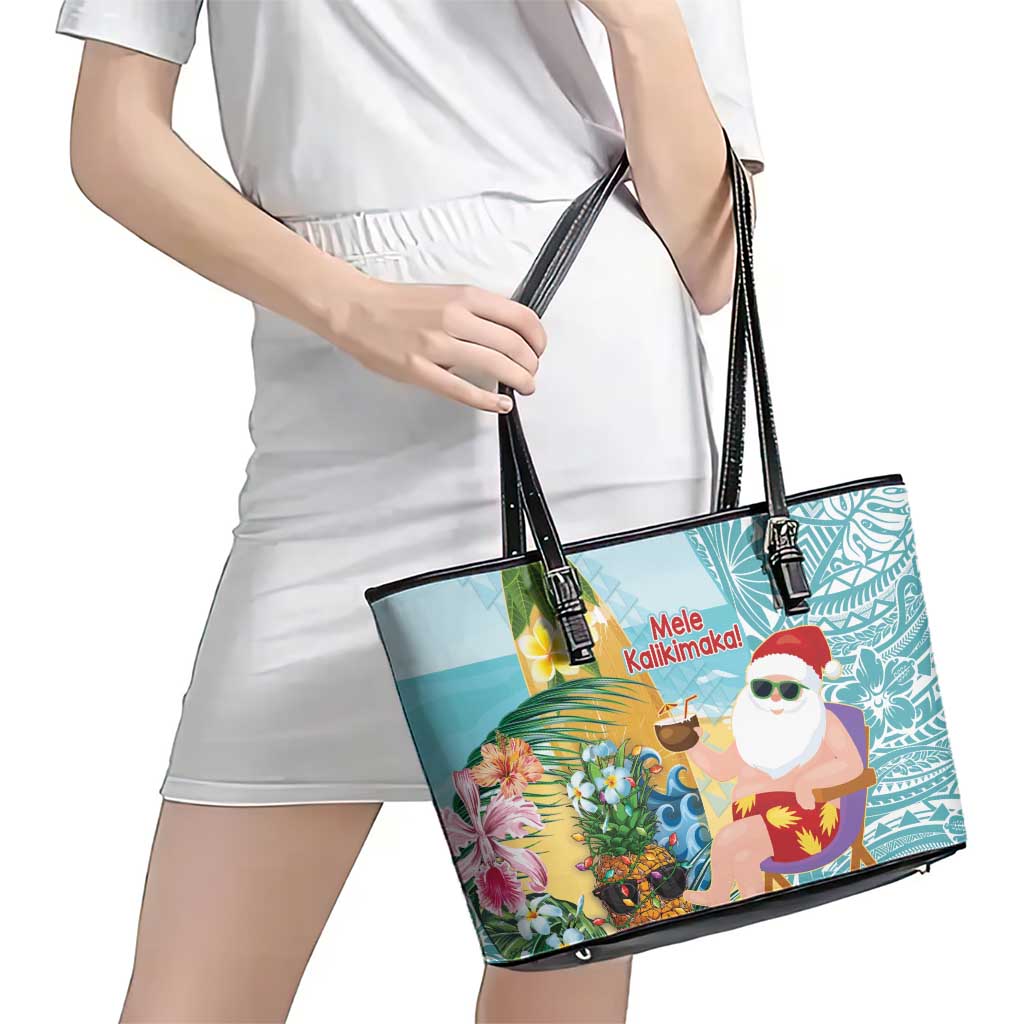 Aloha Hawaii Mele Kalikimaka Leather Tote Bag Chilling Santa With Pineapple - Polynesian Pattern LT14 - Polynesian Pride