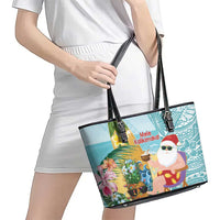 Aloha Hawaii Mele Kalikimaka Leather Tote Bag Chilling Santa With Pineapple - Polynesian Pattern LT14 - Polynesian Pride