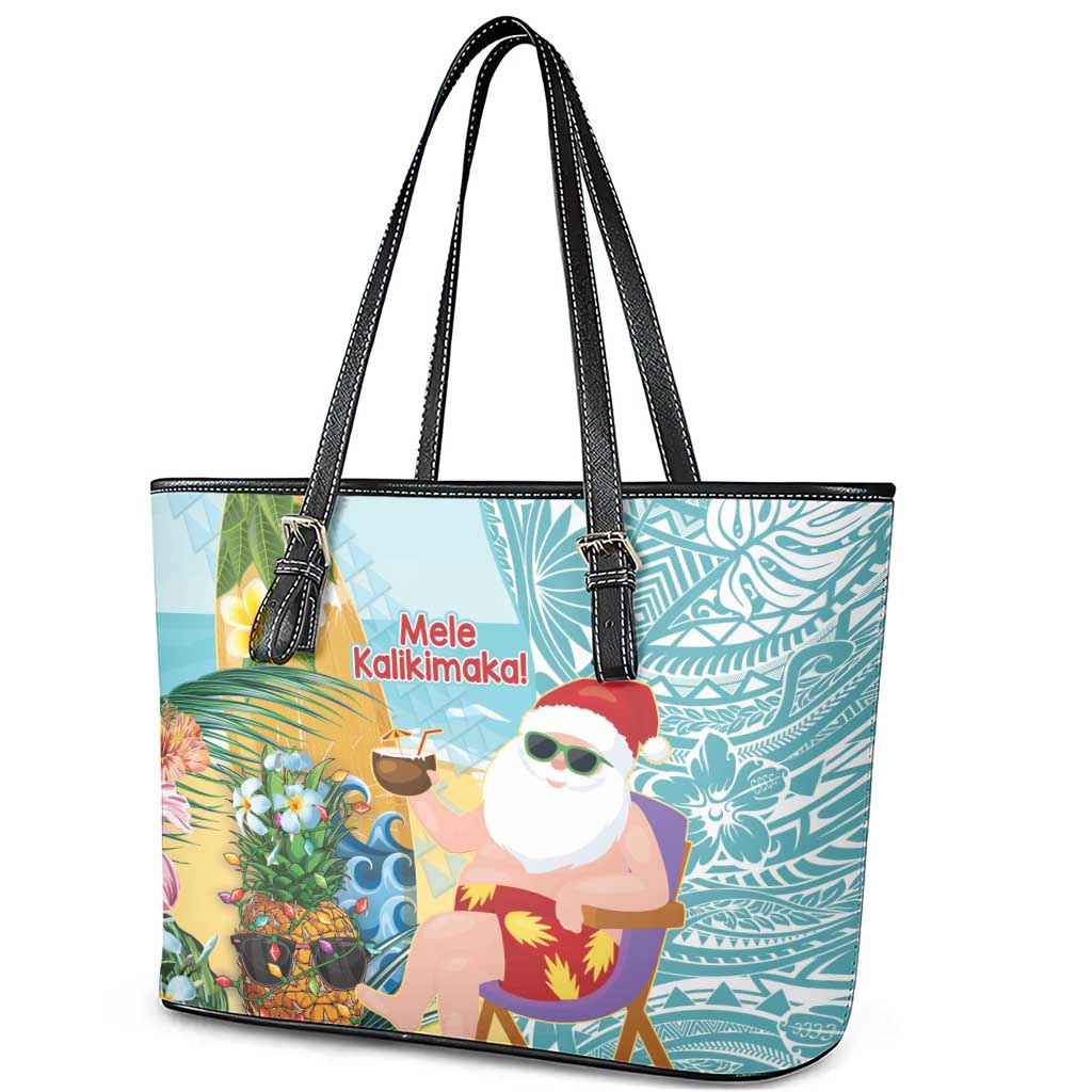 Aloha Hawaii Mele Kalikimaka Leather Tote Bag Chilling Santa With Pineapple - Polynesian Pattern LT14 - Polynesian Pride