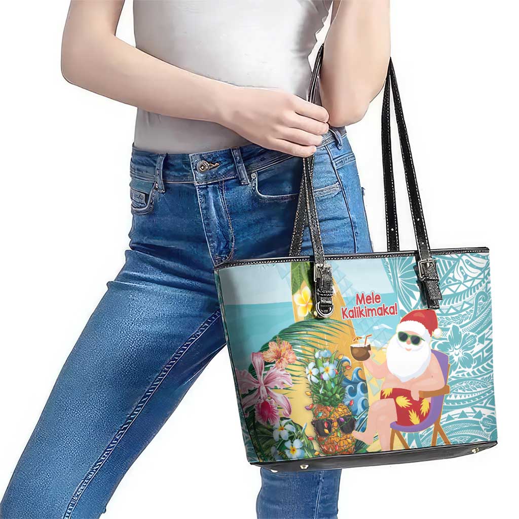Aloha Hawaii Mele Kalikimaka Leather Tote Bag Chilling Santa With Pineapple - Polynesian Pattern LT14 - Polynesian Pride