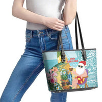 Aloha Hawaii Mele Kalikimaka Leather Tote Bag Chilling Santa With Pineapple - Polynesian Pattern LT14 - Polynesian Pride