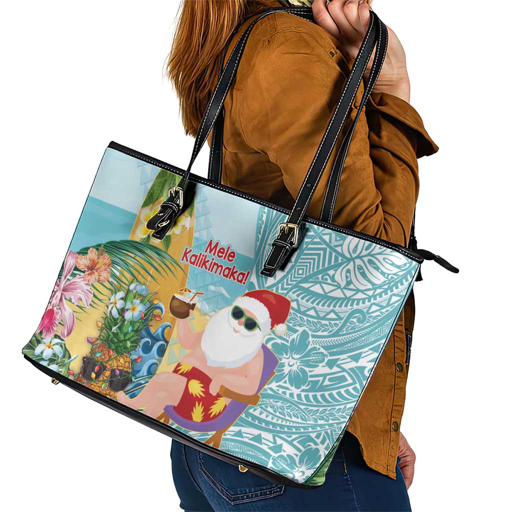 Aloha Hawaii Mele Kalikimaka Leather Tote Bag Chilling Santa With Pineapple - Polynesian Pattern LT14 - Polynesian Pride