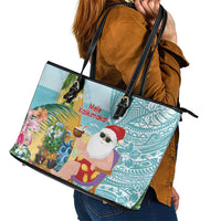 Aloha Hawaii Mele Kalikimaka Leather Tote Bag Chilling Santa With Pineapple - Polynesian Pattern LT14 - Polynesian Pride