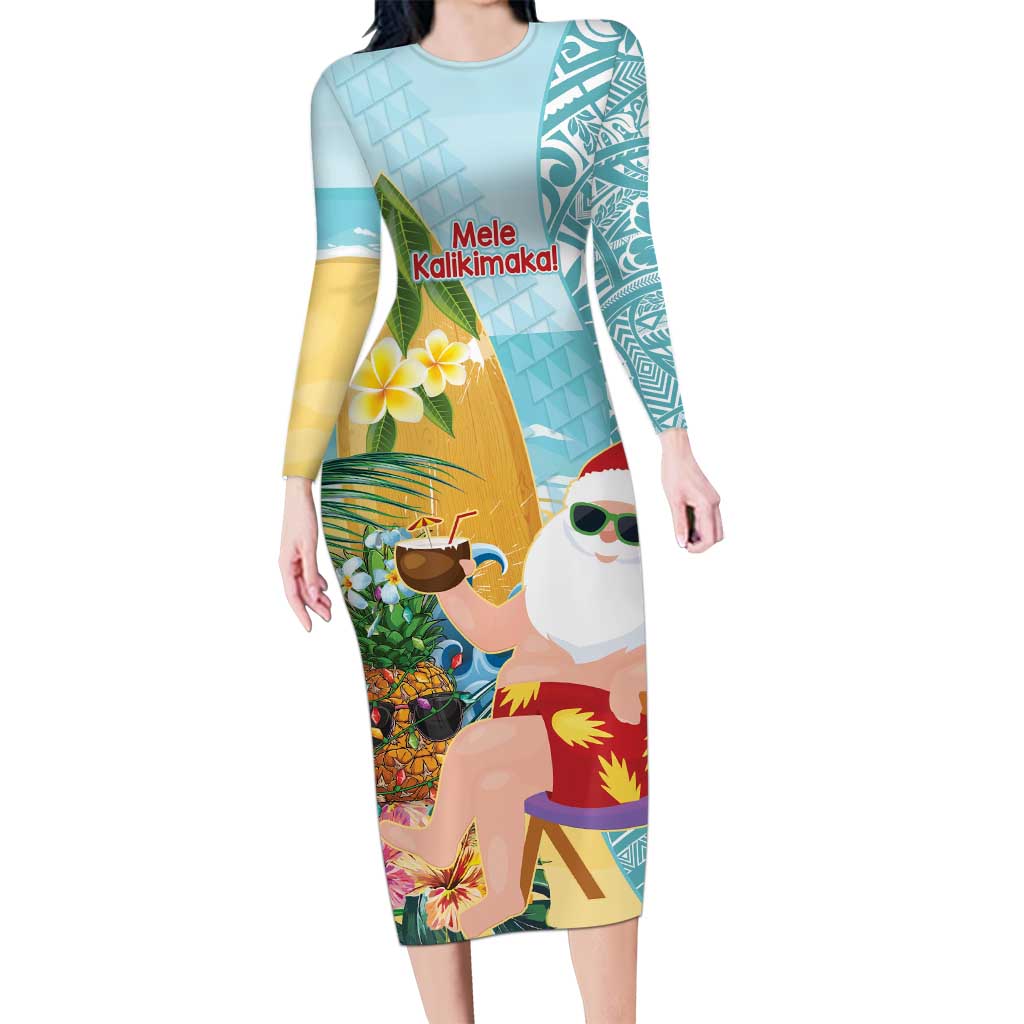 Aloha Hawaii Mele Kalikimaka Long Sleeve Bodycon Dress Chilling Santa With Pineapple - Polynesian Pattern LT14 Long Dress Cyan - Polynesian Pride