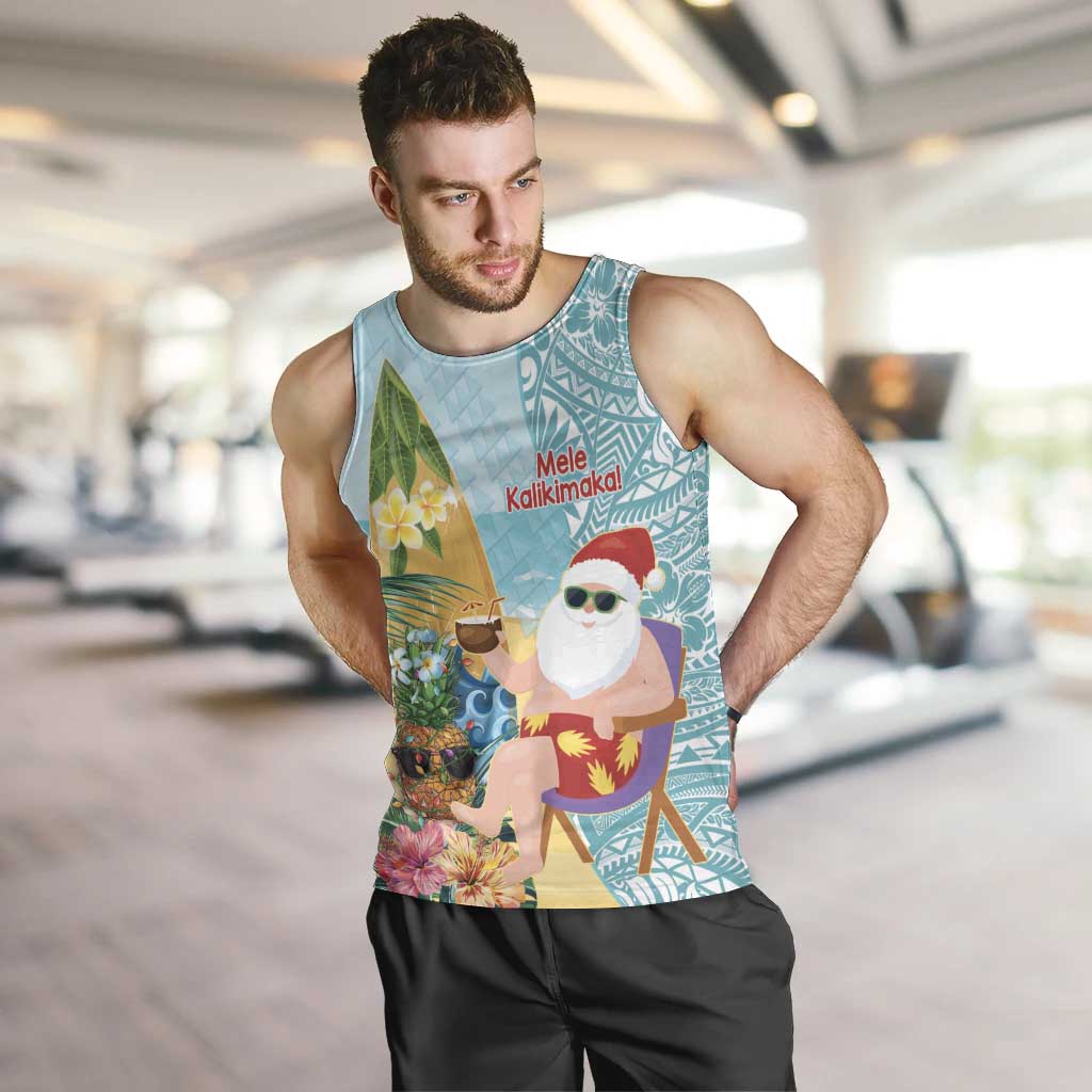 Aloha Hawaii Mele Kalikimaka Men Tank Top Chilling Santa With Pineapple - Polynesian Pattern LT14 Cyan - Polynesian Pride