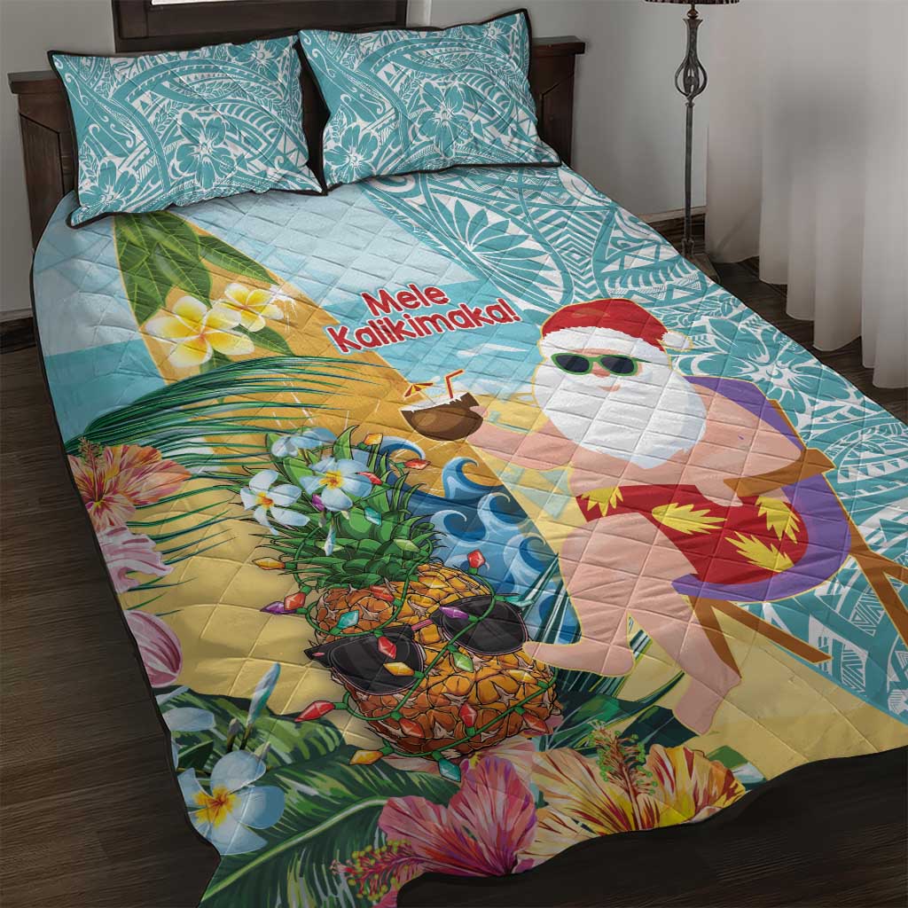 Aloha Hawaii Mele Kalikimaka Quilt Bed Set Chilling Santa With Pineapple - Polynesian Pattern LT14 Cyan - Polynesian Pride