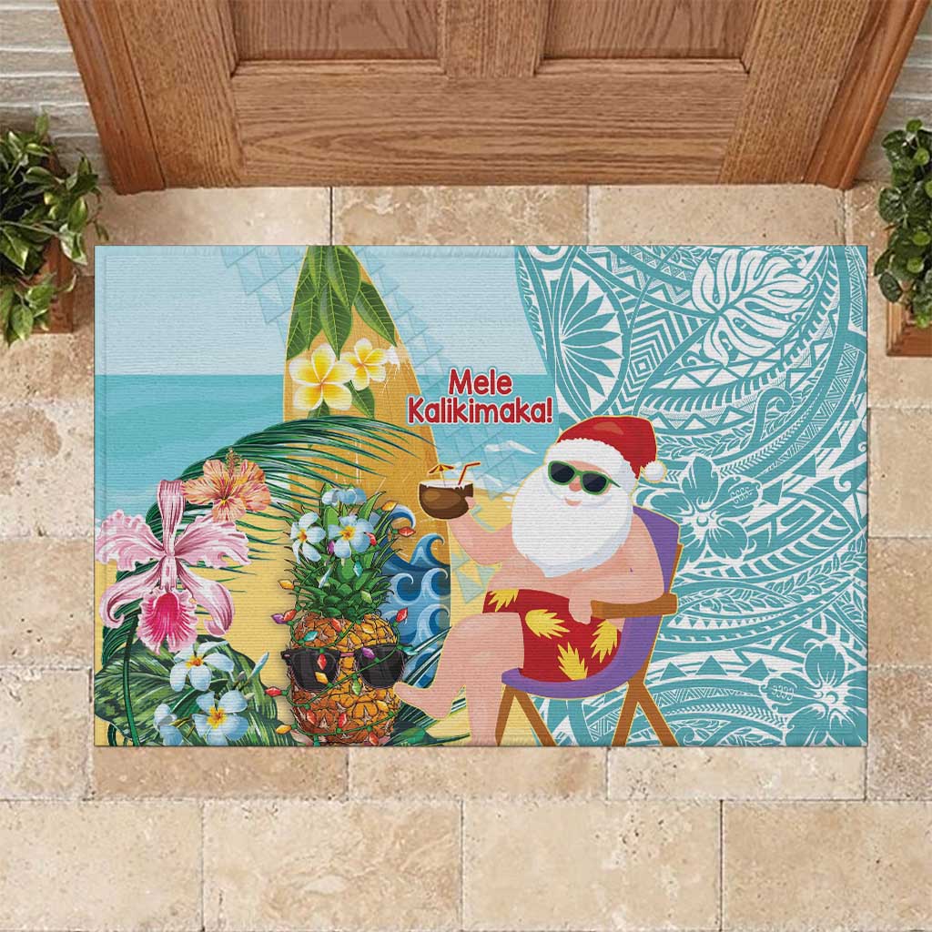 Aloha Hawaii Mele Kalikimaka Rubber Doormat Chilling Santa With Pineapple - Polynesian Pattern LT14 Cyan - Polynesian Pride