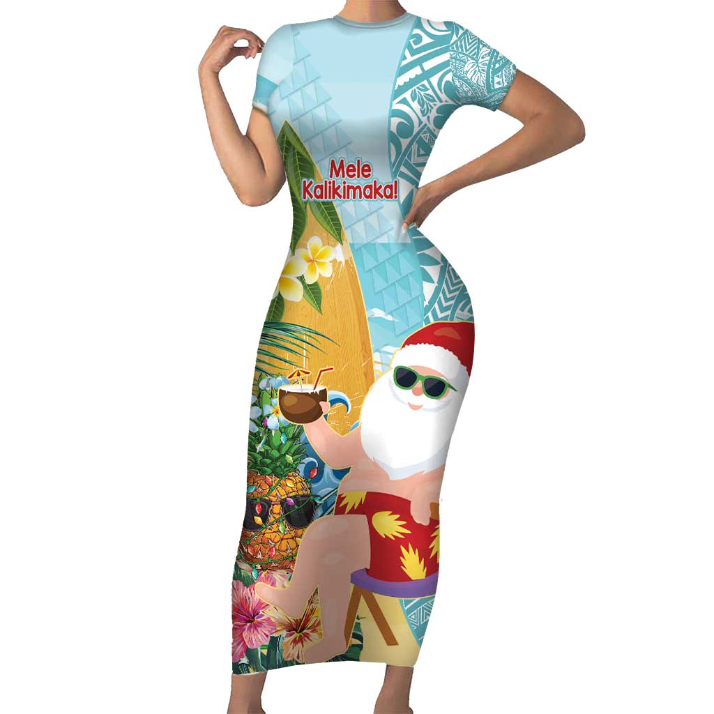 Aloha Hawaii Mele Kalikimaka Short Sleeve Bodycon Dress Chilling Santa With Pineapple - Polynesian Pattern LT14 Long Dress Cyan - Polynesian Pride
